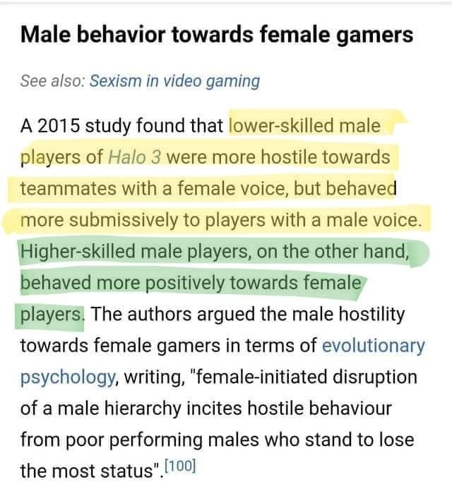This meme is a screenshot of a Wikipedia article about the 2015 study on male behavior in online gaming, specifically in the game Halo 3. The article claims that male players in the game were more aggressive towards female players, but that the males who were "high-skilled" were actually less aggressive towards female players. The article ends with a sarcastic comment about the study's findings.